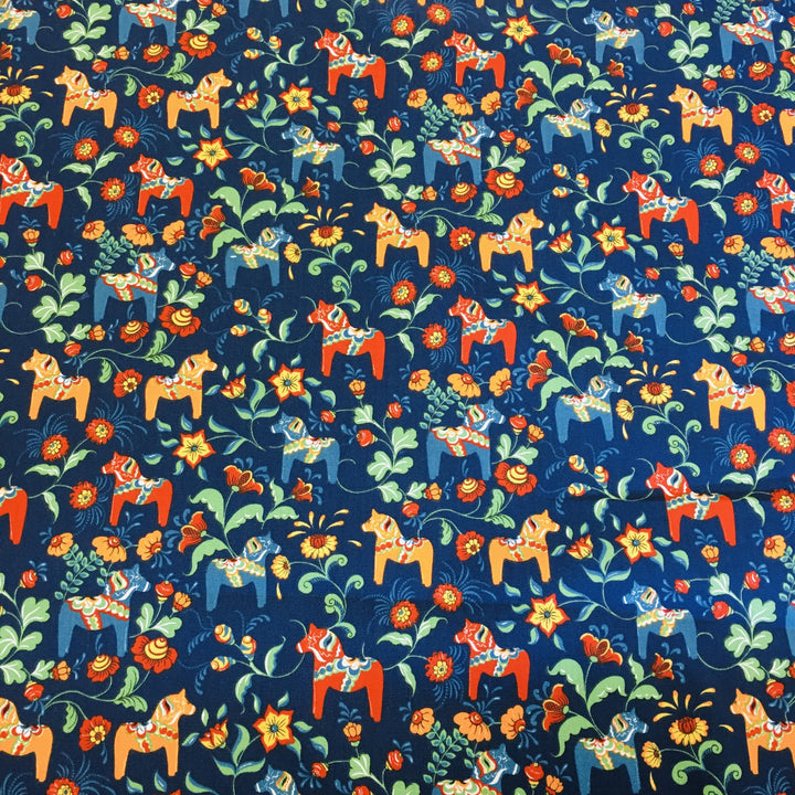 Swedish fabric - Navy w/ Multi Color Mini Dala horses & kurbits