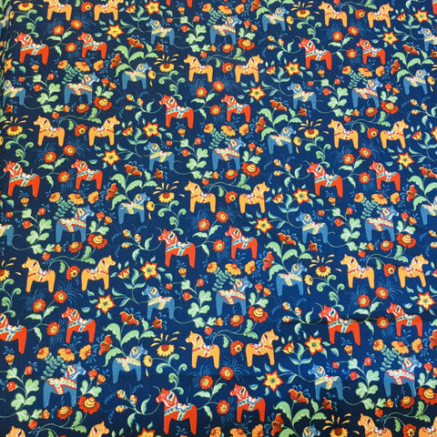 Swedish fabric - Navy w/ Multi Color Mini Dala horses & kurbits