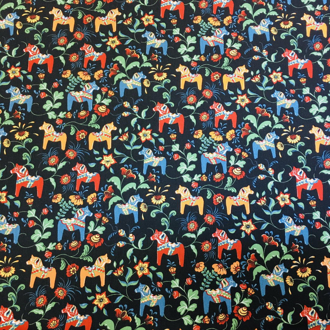 Swedish fabric - Black w/ Multi Color Mini Dala horses & kurbits