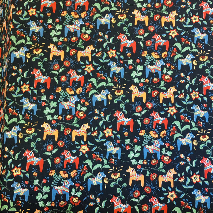 Swedish fabric - Black w/ Multi Color Mini Dala horses & kurbits