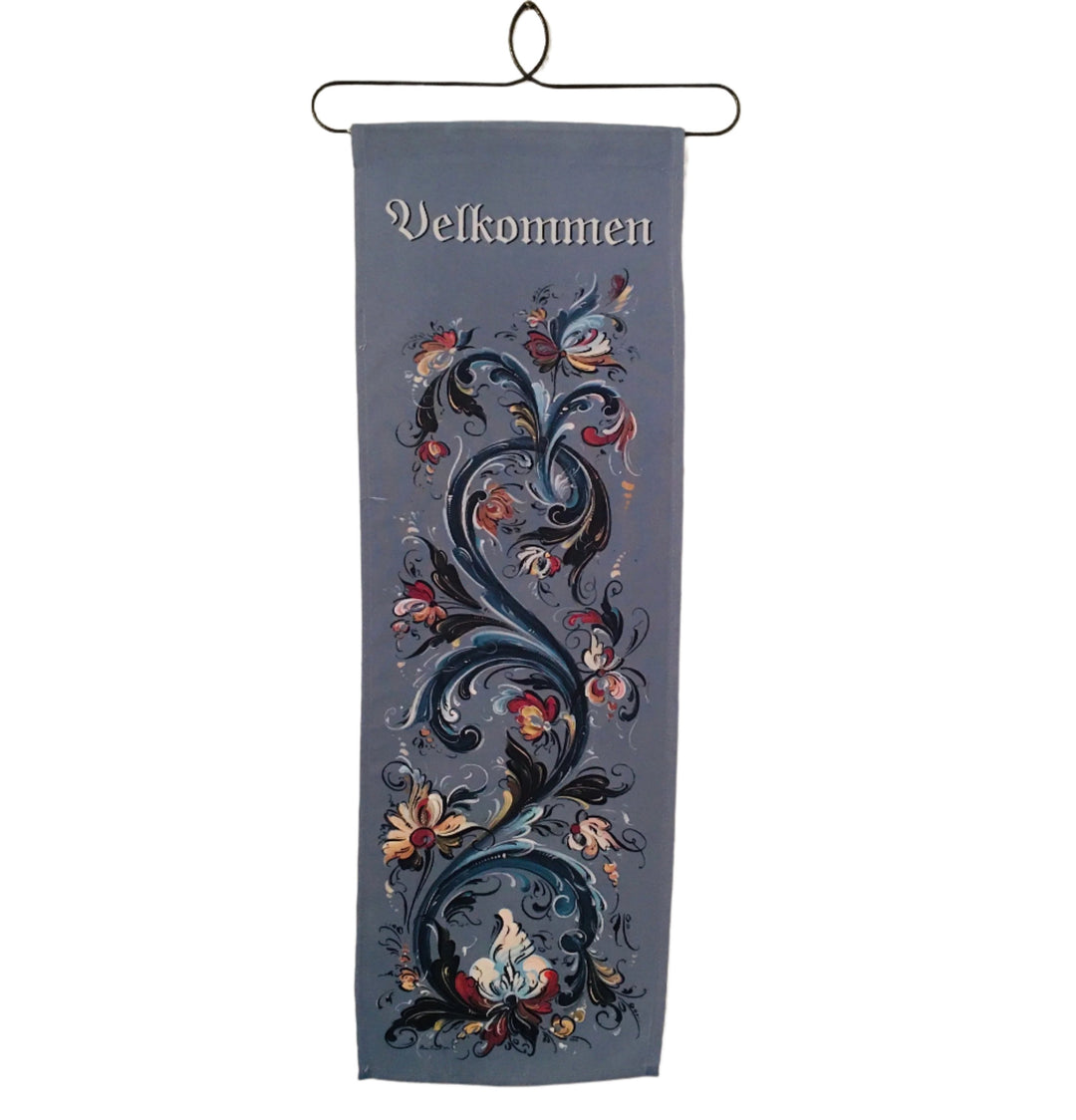 Lise Lorentzen Velkommen Rosemaling blue fabric wall hanging