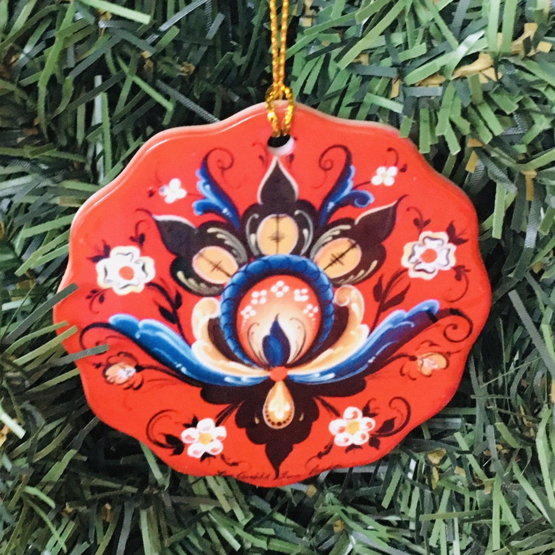 Ceramic ornament, Lise Lorentzen red rosemaling