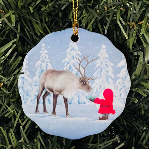 Ceramic Ornament, Eva Melhuish Tomte feeding reindeer