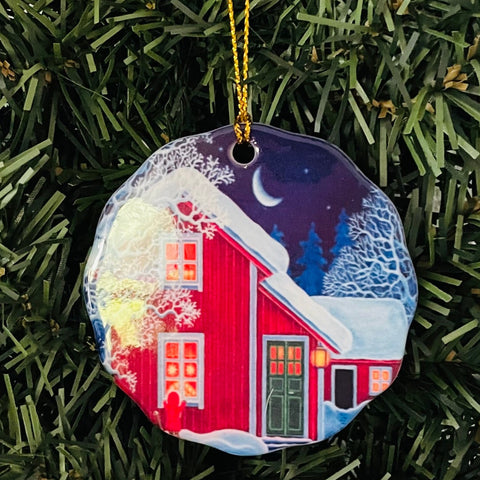Ceramic Ornament, Eva Melhuish Red house with tomte