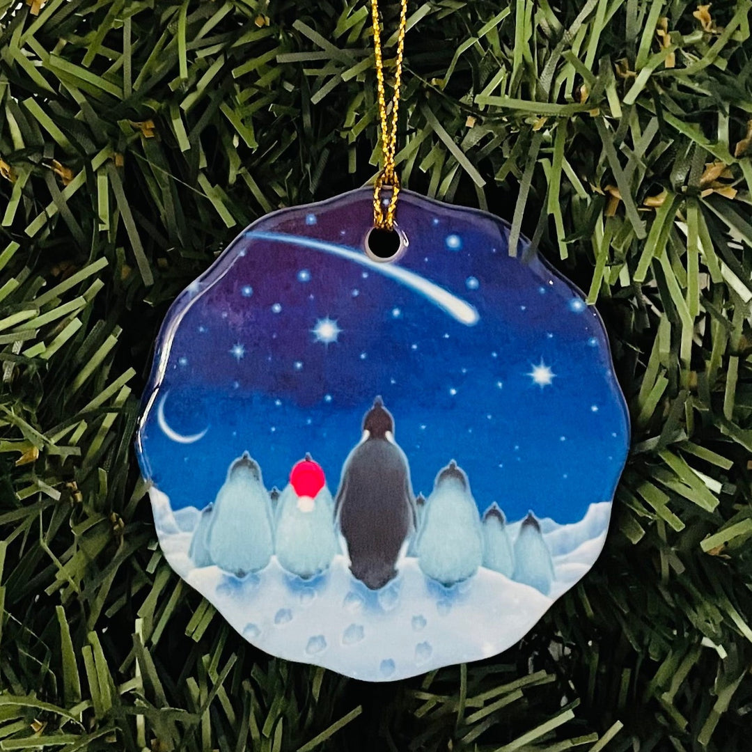 Ceramic Ornament, Eva Melhuish Penguins Watching Shooting Star