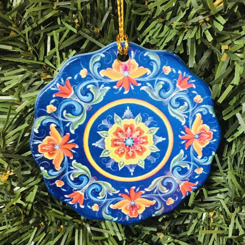 Ceramic ornament, Lise Lorentzen blue rosemaling