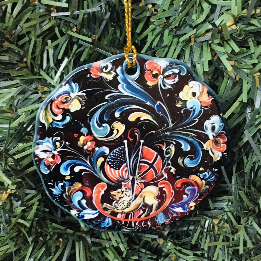 Ceramic ornament, Lise Lorentzen black rosemaling