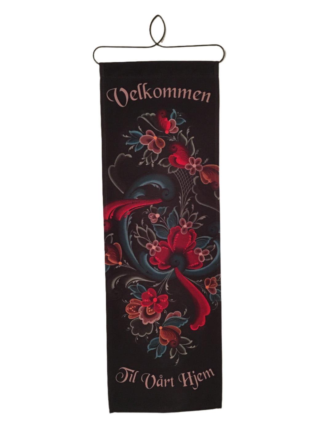 Velkommen till vårt hjem rosemaling black fabric wall hanging