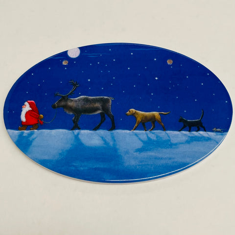 Oval Ceramic Sign - Eva Melhuish Tomte with reindeer, dog, cat
