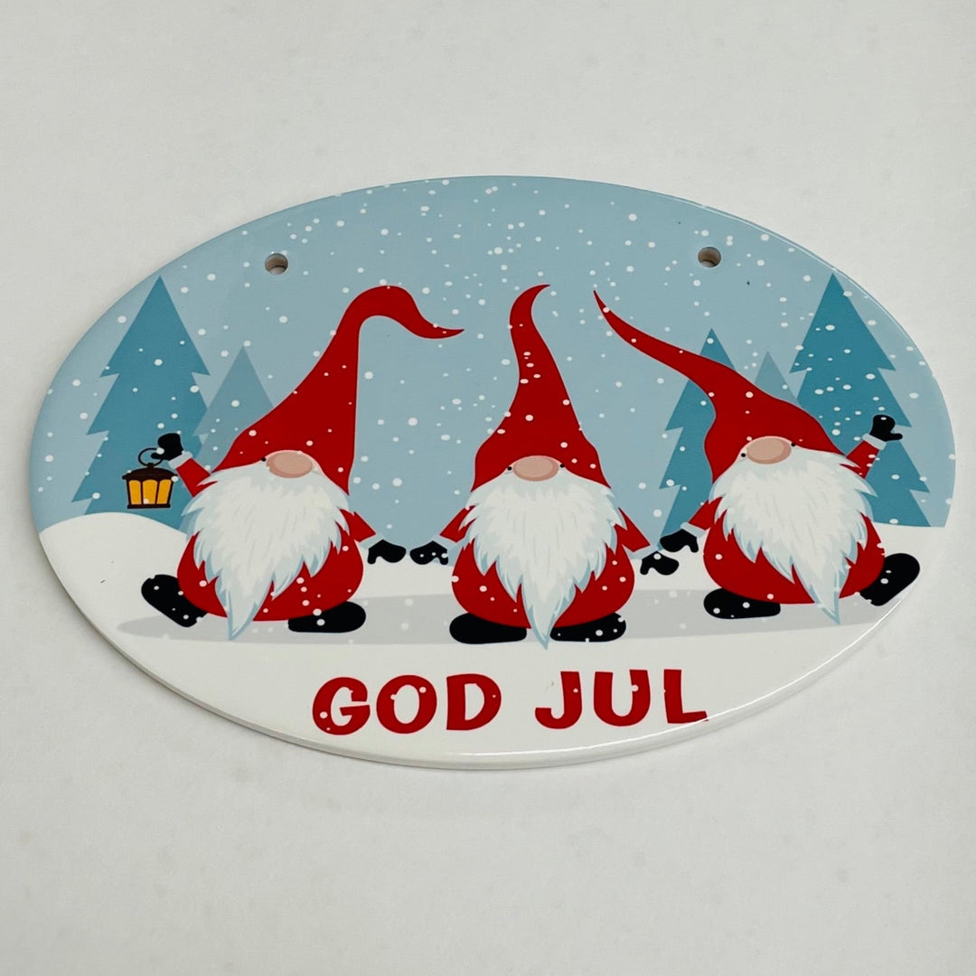 Oval Ceramic Sign - God Jul Gnomes