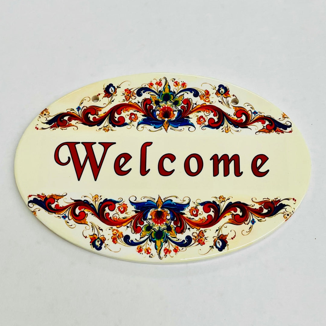 Oval Ceramic Welcome Sign - Lise Lorentzen Rosemaling