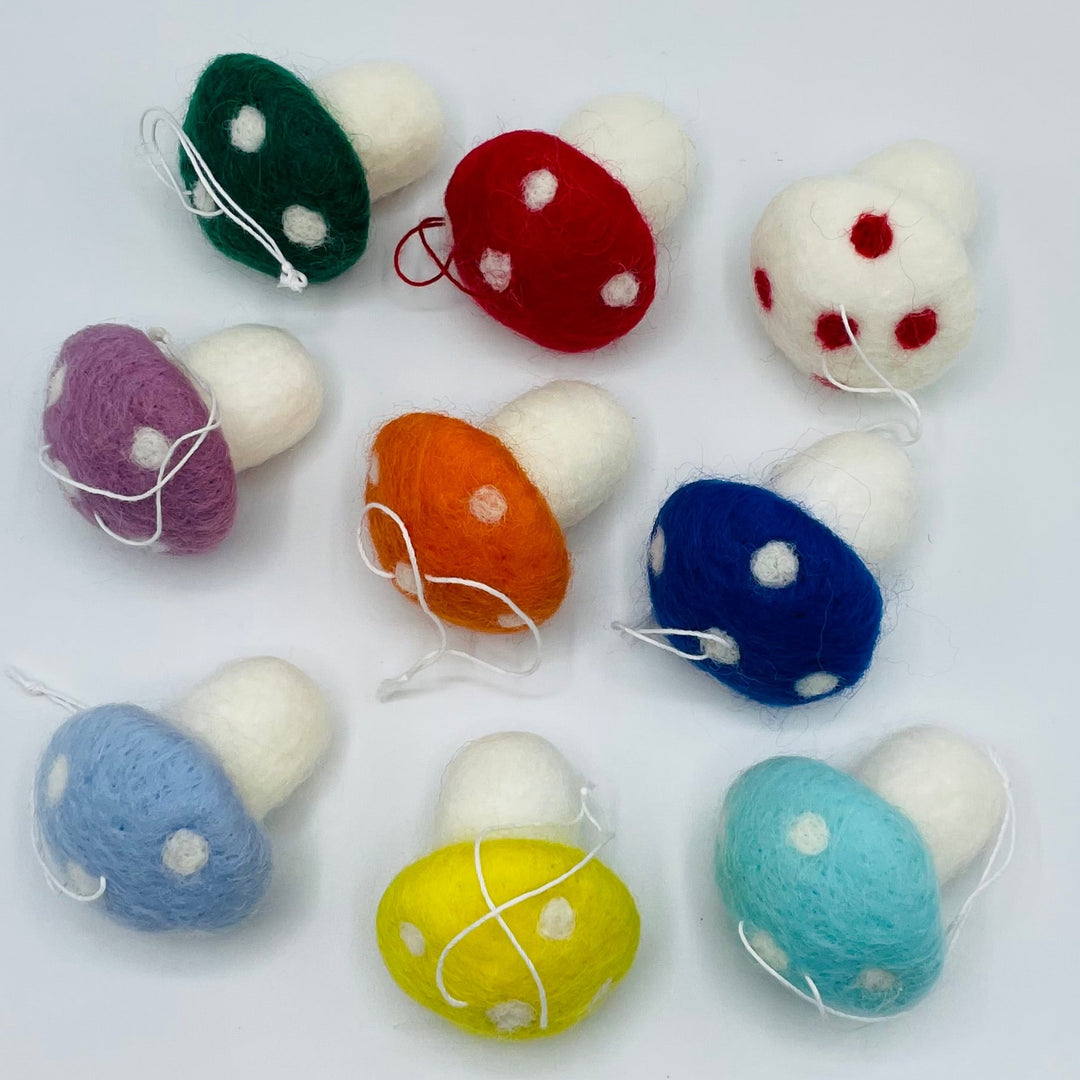 Felt Mushroom Ornaments - Assorted colors - bag of 9