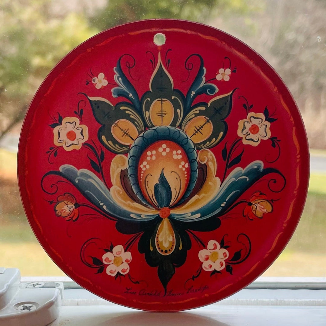 Red Rosemaling sun catcher