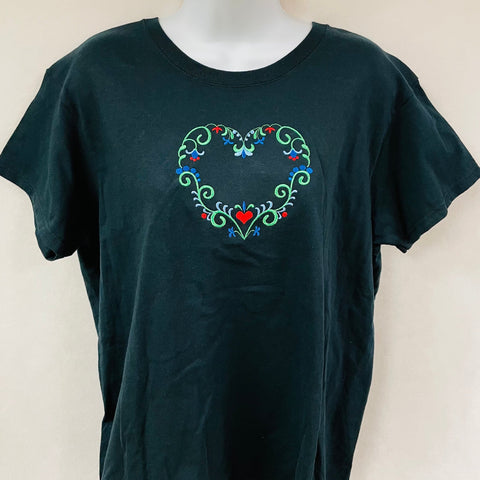 Folk Art Heart on Black Ladies T-shirt