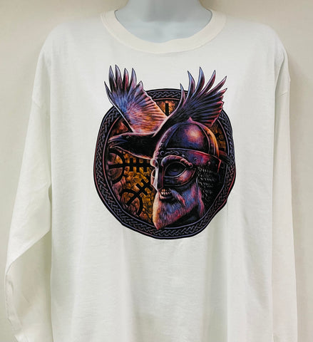 Viking with Raven & Compass on White Long Sleeve T-shirt