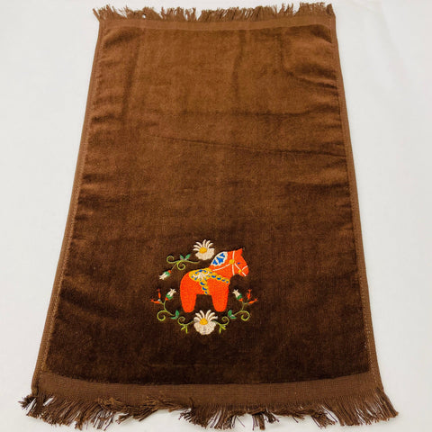 SALE Finger tip towel - Dala Horse & Flowers on Brown