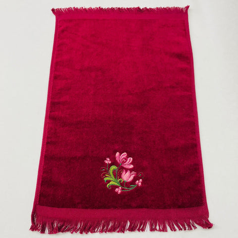 SALE Finger tip towel - Rosemaling Flower on Burgundy