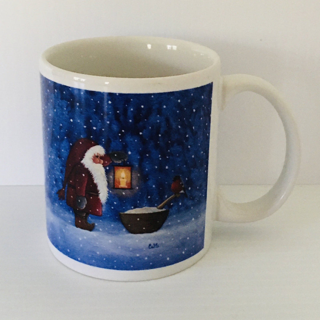 Eva Melhuish Tomte with bird and porridge bowl coffee mug