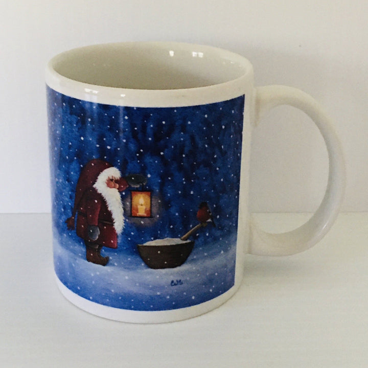 Eva Melhuish Tomte with bird and porridge bowl coffee mug