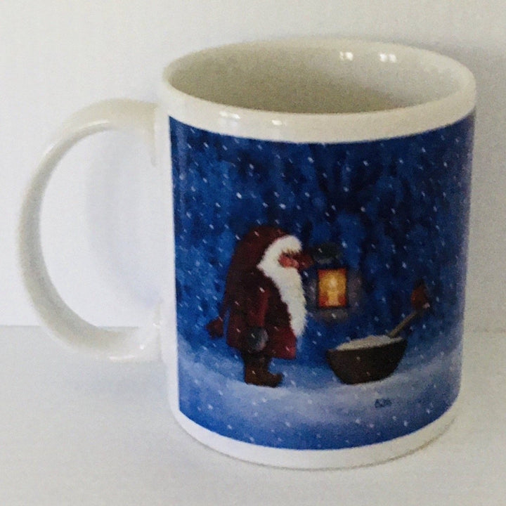 Eva Melhuish Tomte with bird and porridge bowl coffee mug