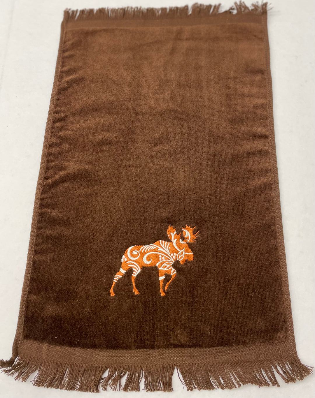 SALE Finger tip Towel - Rosemaling Moose on Brown