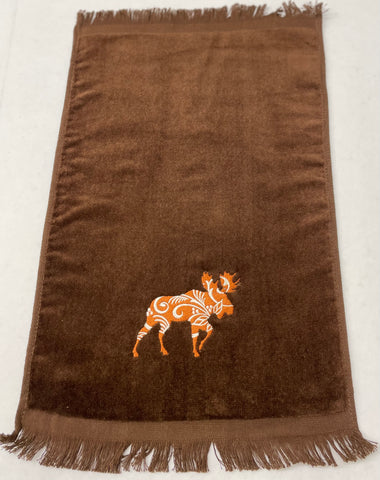 SALE Finger tip Towel - Rosemaling Moose on Brown