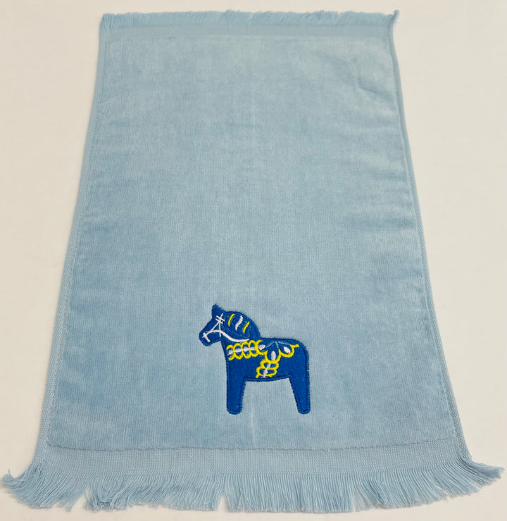 SALE Finger tip towel - Blue Dala horse on Light blue