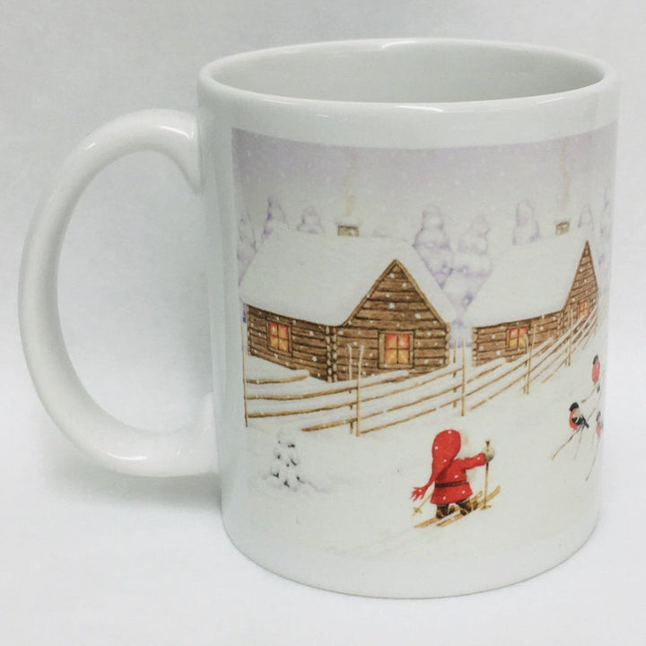 Eva Melhuish Tomte on skiis at fence coffee mug