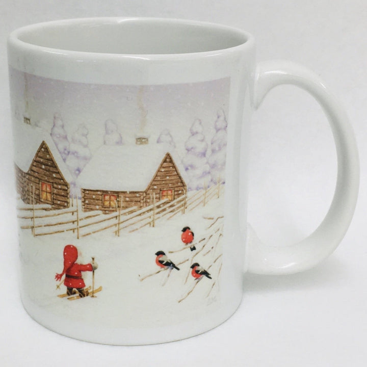 Eva Melhuish Tomte on skiis at fence coffee mug