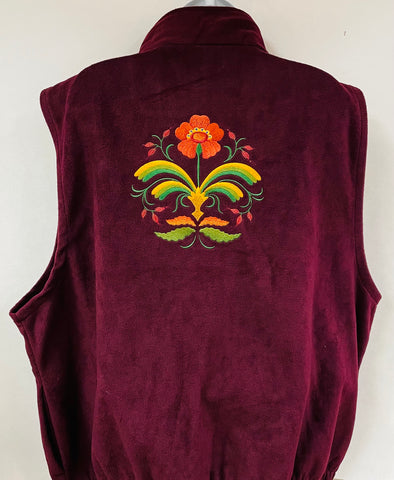 Fleece Vest - Burgundy with Folk art flower