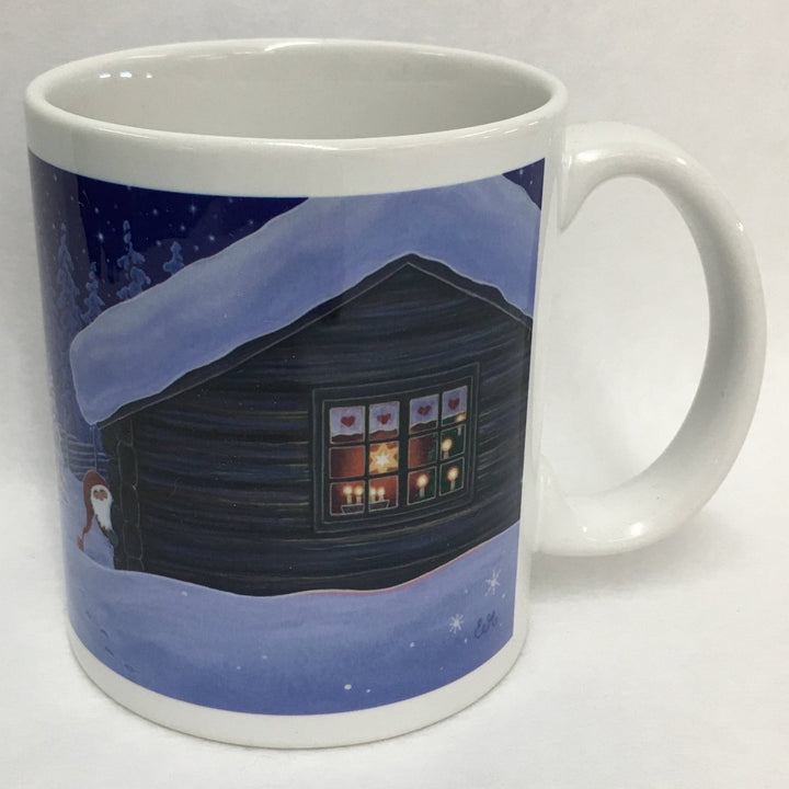 Eva Melhuish Tomte peeking around house coffee mug