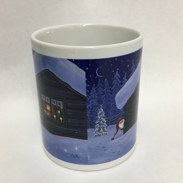 Eva Melhuish Tomte peeking around house coffee mug