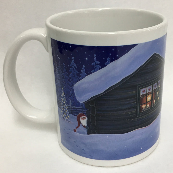 Eva Melhuish Tomte peeking around house coffee mug