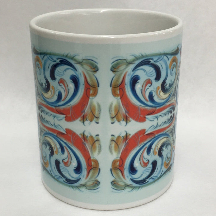 Lise Lorentzen Rosemaling on Light Blue coffee mug