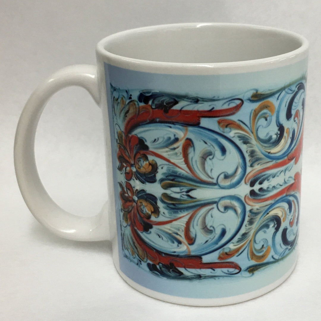 Lise Lorentzen Rosemaling on Light Blue coffee mug