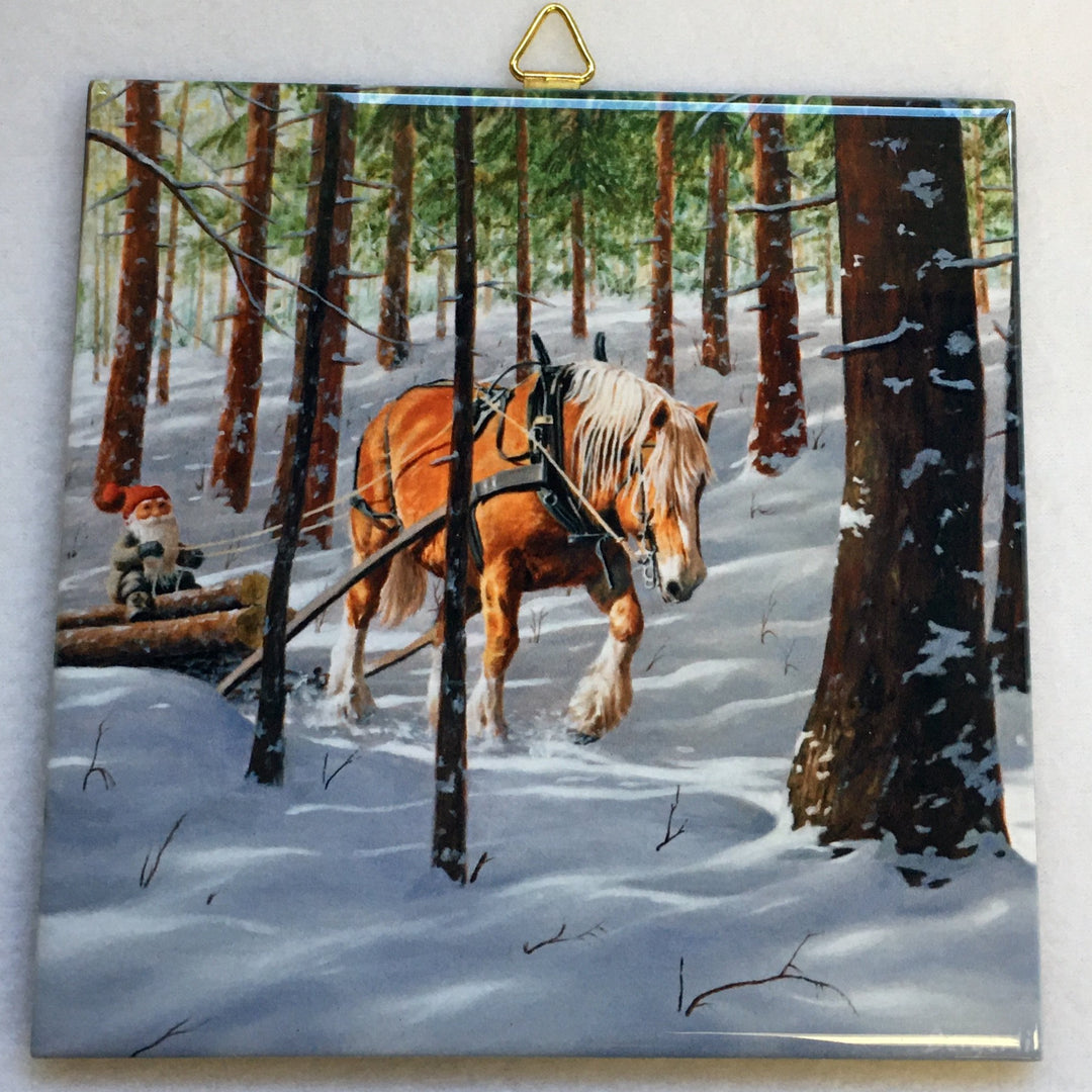 6" Ceramic Tile, Jan Bergerlind Tomte & horse hauling logs