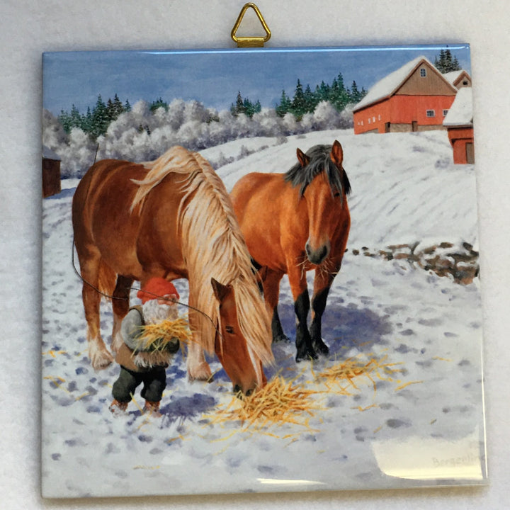 6" Ceramic Tile, Jan Bergerlind Tomte feeding horses