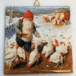 6" Ceramic Tile, Jan Bergerlind Tomte feeding chickens