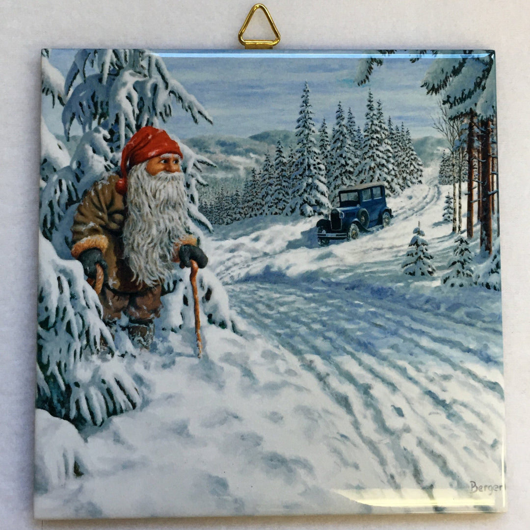 6" Ceramic Tile, Jan Bergerlind Tomte with car