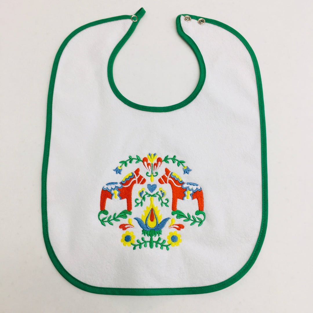 Baby Bib, Red Dala Horses & Flowers on Yellow, Green or Royal blue