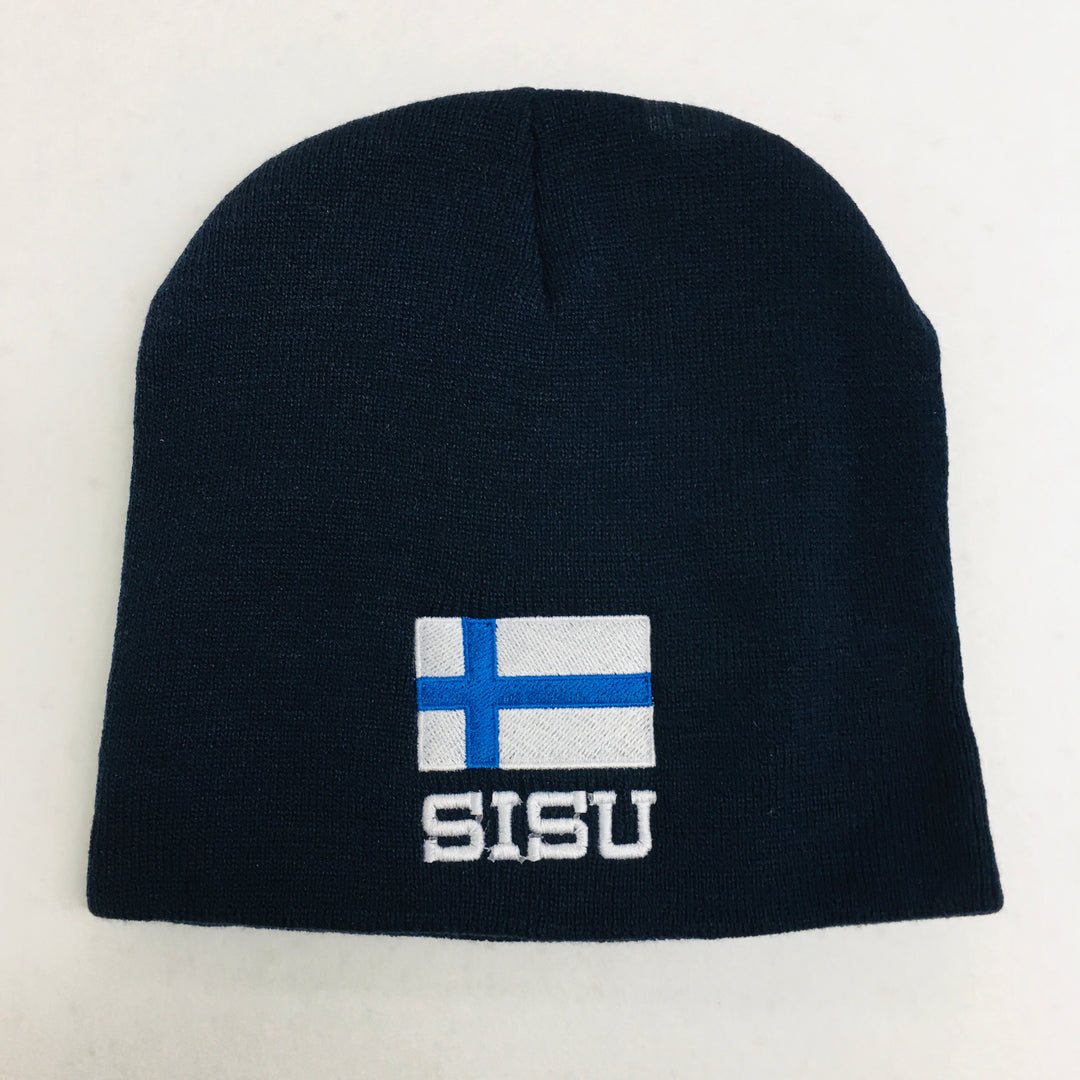 Knit  beanie hat - Finland flag with Sisu on Navy