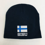 Knit  beanie hat - Finland flag with Sisu on Navy