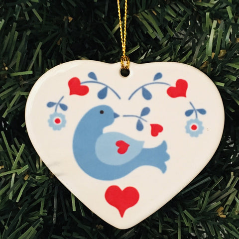 Ceramic heart ornament, Blue bird
