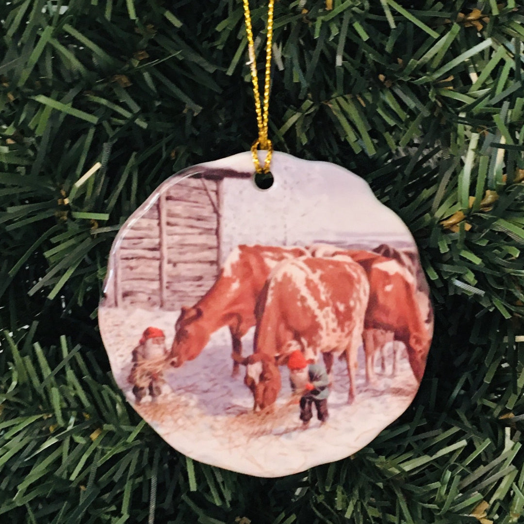 Ceramic Ornament, Jan Bergerlind Tomtar feeding cows