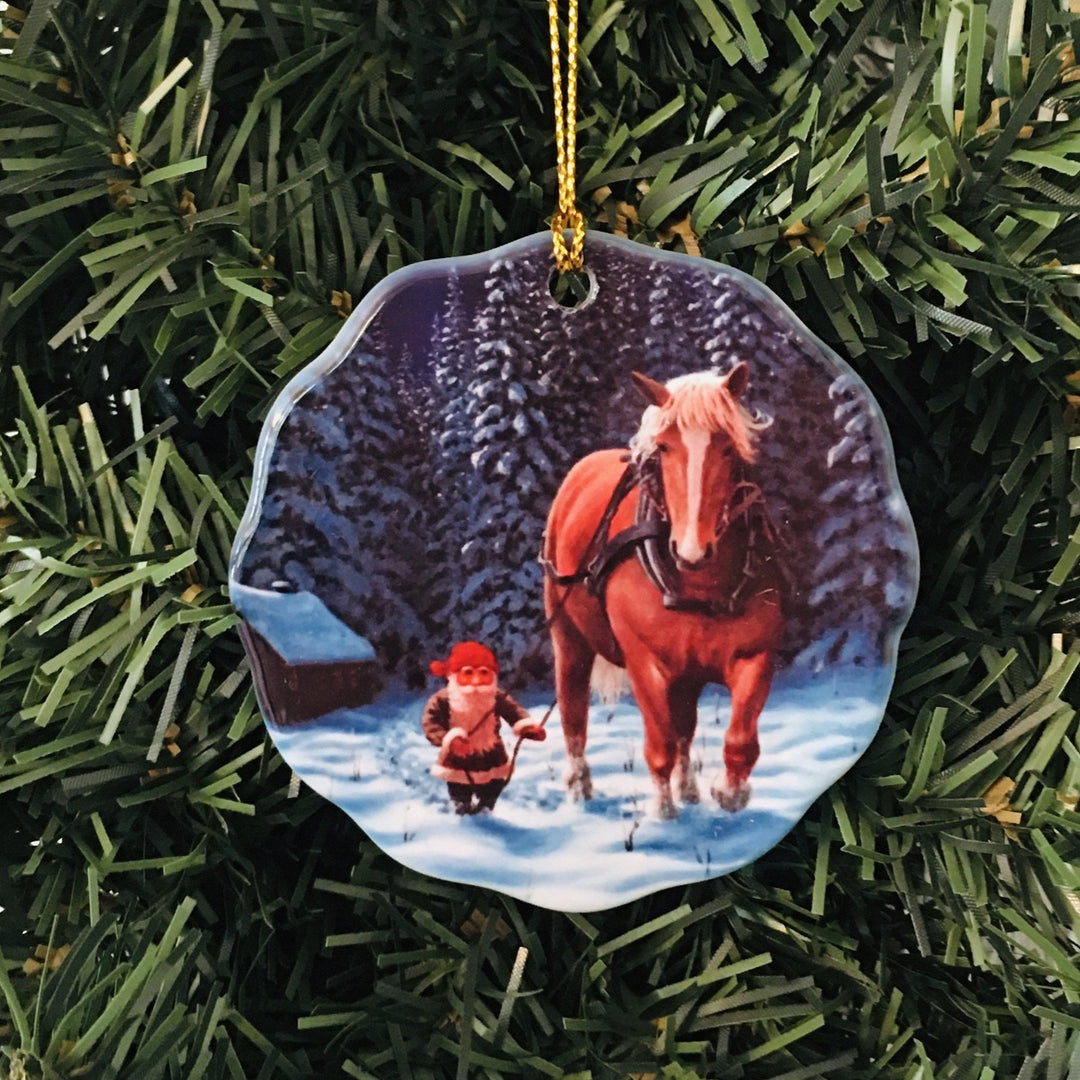 Ceramic Ornament, Jan Bergerlind Tomte with work horse