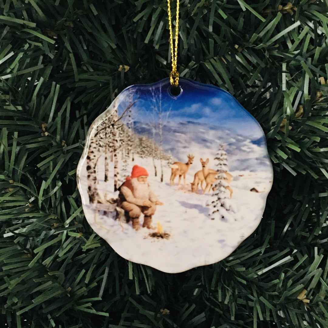 Ceramic Ornament, Jan Bergerlind Tomte with deer at fire