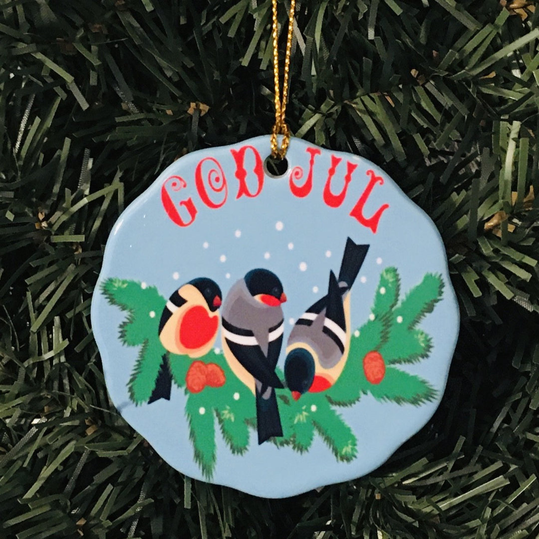 Ceramic Ornament, God Jul Bullfinch Domherre birds