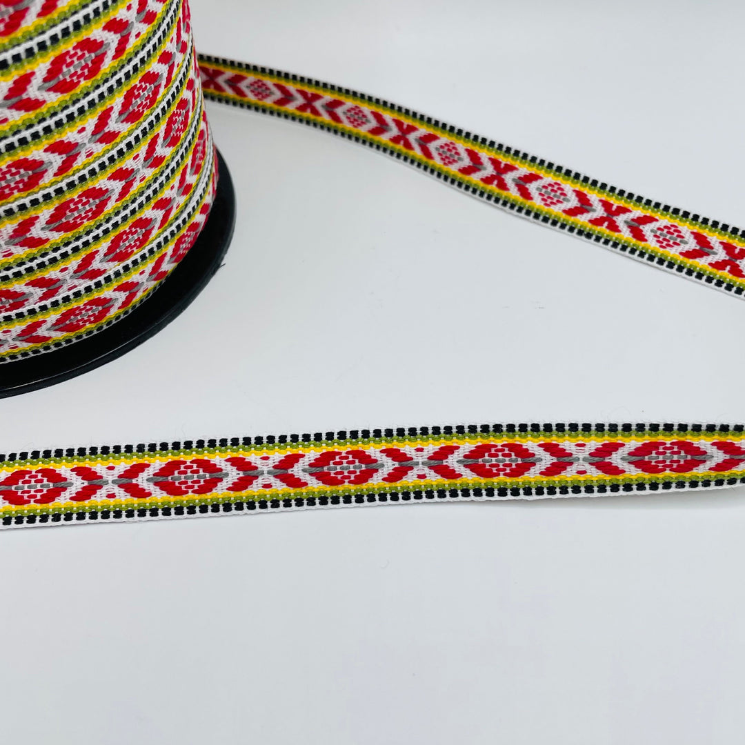 Fabric Ribbon Trim by the yard - White, red, gold, green & blue