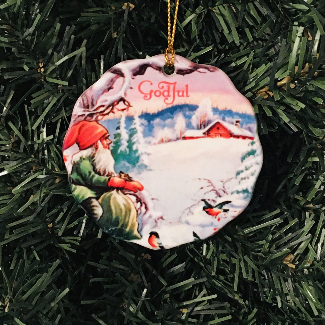 Ceramic Ornament, Tomte  with birds