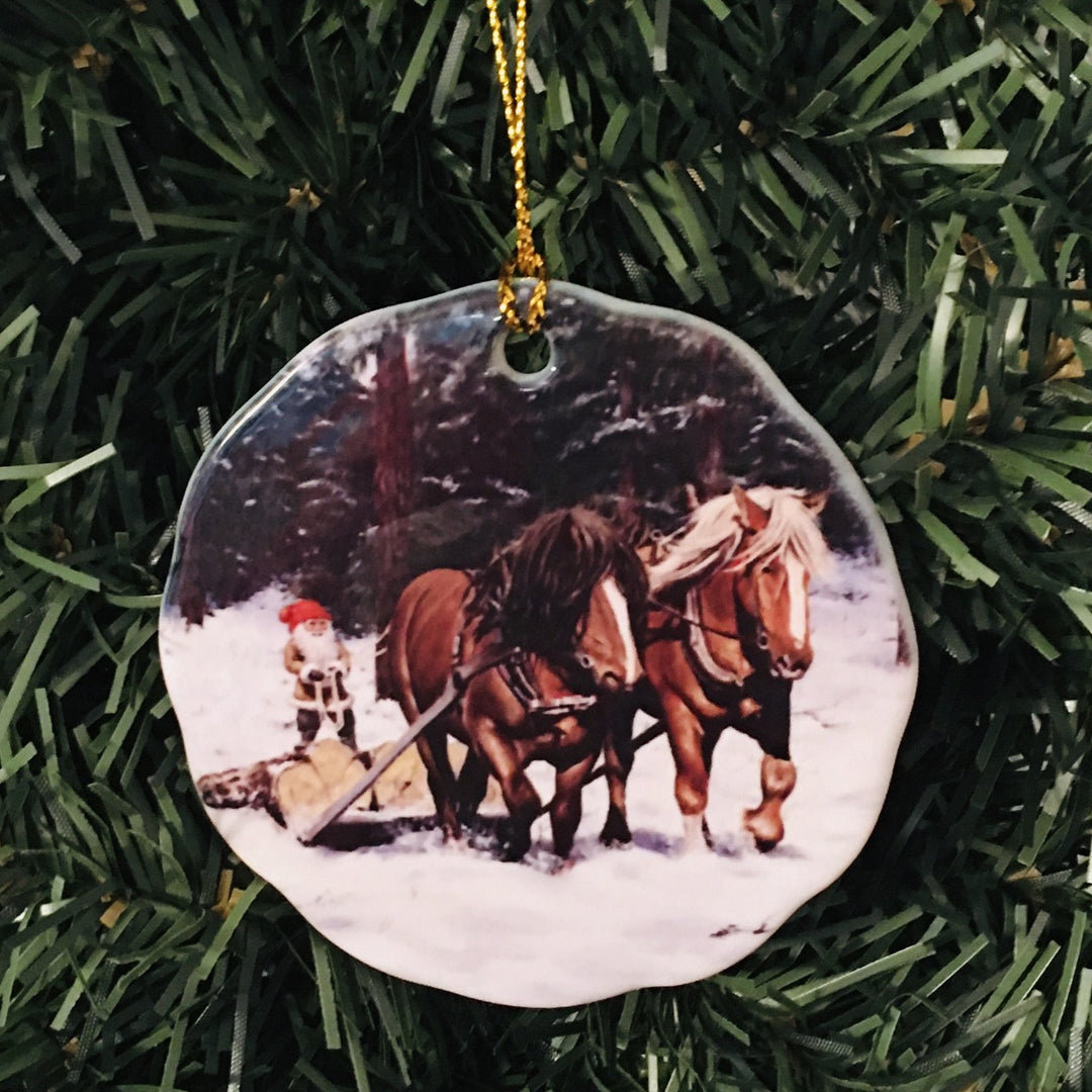 Ceramic Ornament, Jan Bergerlind Tomte with 2 work horses